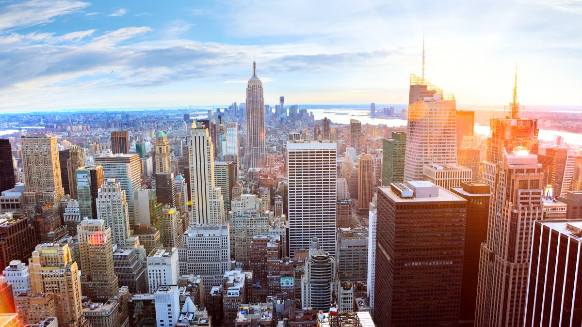 Aerial,View,Of,Manhattan,Skyline,At,Sunset,,New,York,City